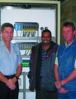 Clive Shawe, LG Industrial Systems, Sycann Tulshi, C and H Controls and Werner Swemmer, VKB, stand in front of the panel housing the new PLC system